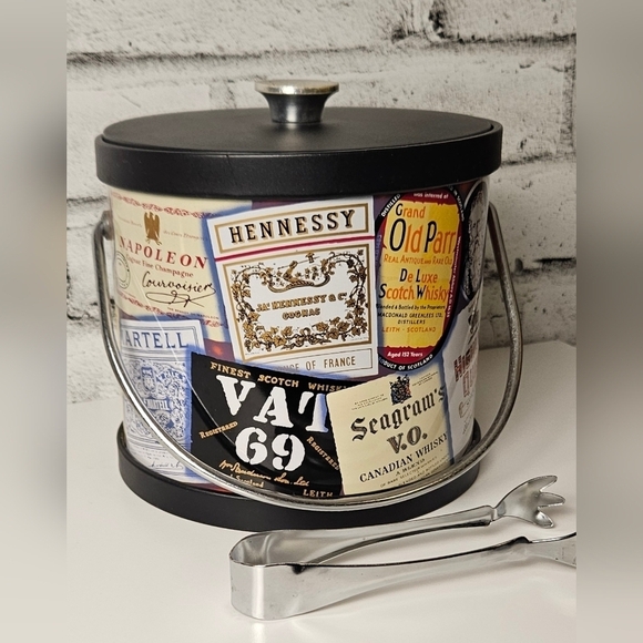 Other - Vintage Whisky Label Ice Bucket w/ Tongs | Retro Barware Bar Cart Decor